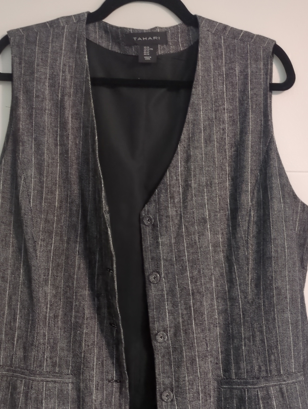 Tahari Gray Pinstripe Long Linen Blend Vest Sleeveless Blazer Coat Sz XL - Picture 2 of 6
